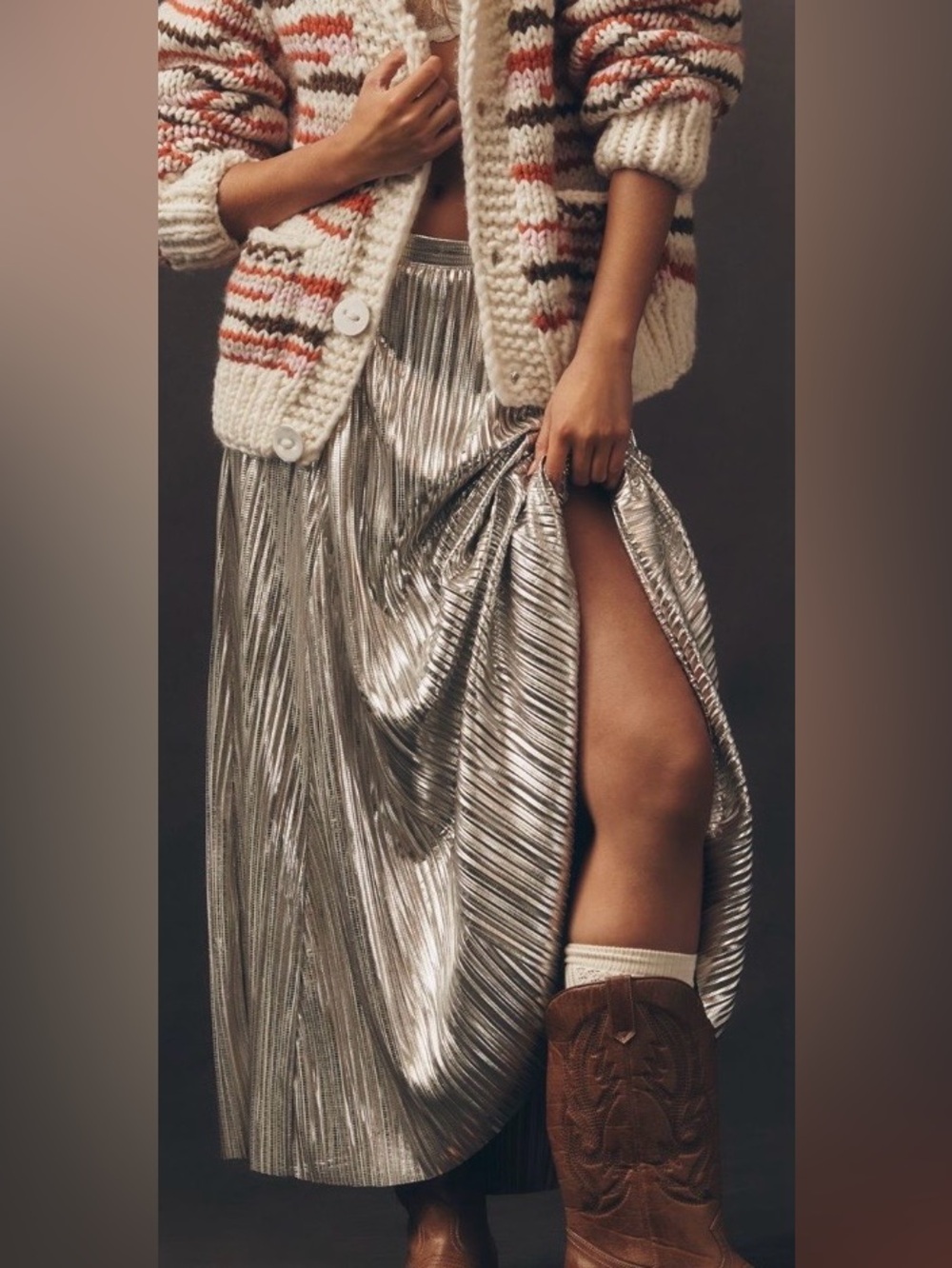Anthropologie Metallic Silver Pleated Maxi Skirt with Side Slit